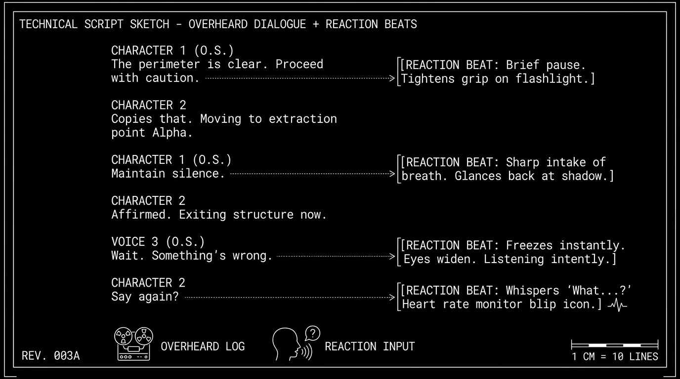 A script page showing reaction beats interleaved with overheard dialogue; dark mode technical sketch, thin white lines on black background