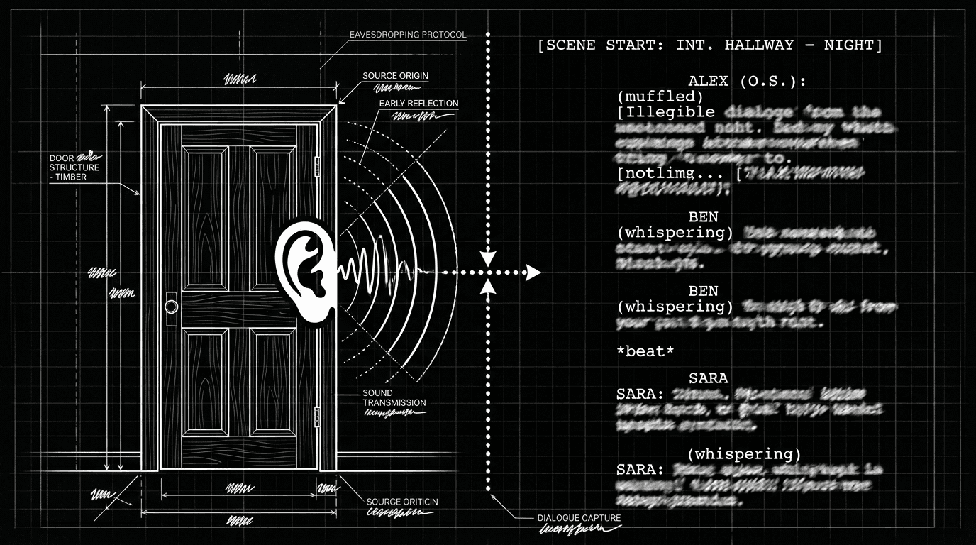Dark mode technical sketch: script showing dual-space eavesdropping scene; thin white lines on black