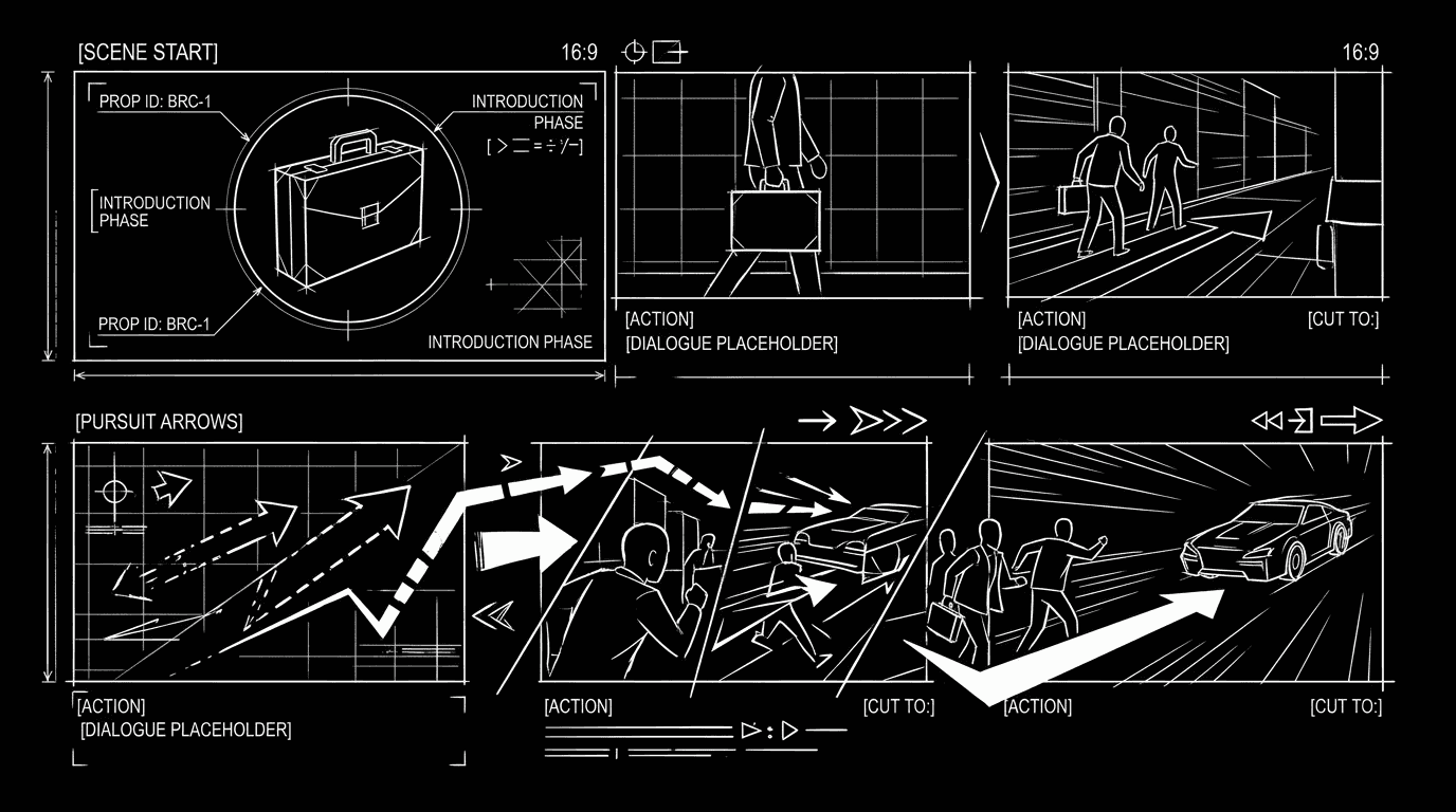 A script excerpt showing MacGuffin introduction and pursuit setup; dark mode technical sketch, thin white lines on black background