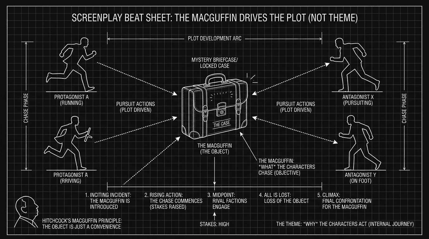 Dark mode technical sketch: script showing MacGuffin object in story structure; thin white lines on black
