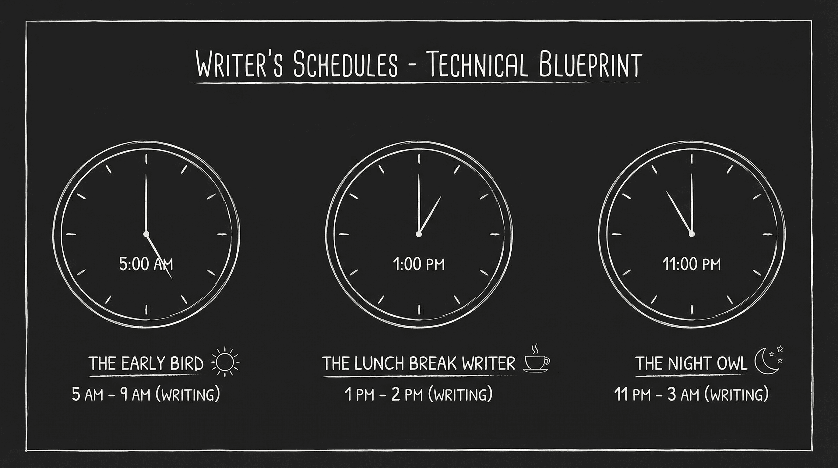 Three clocks showing different times - morning, noon, night