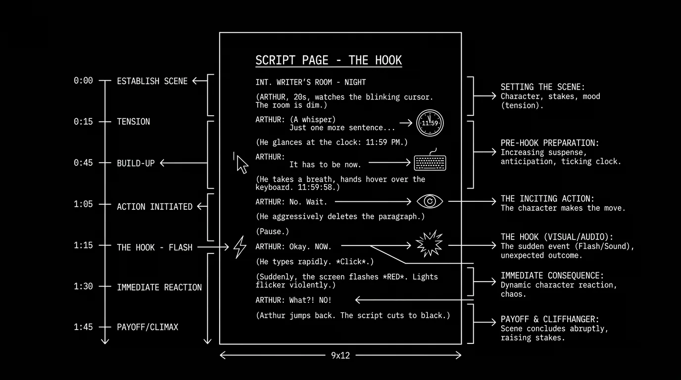 A script page with hook timing annotations; dark mode technical sketch, thin white lines on black background
