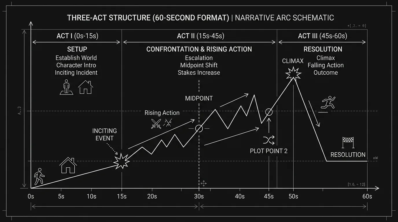 A three-act diagram scaled for 60-second format; dark mode technical sketch, thin white lines on black background