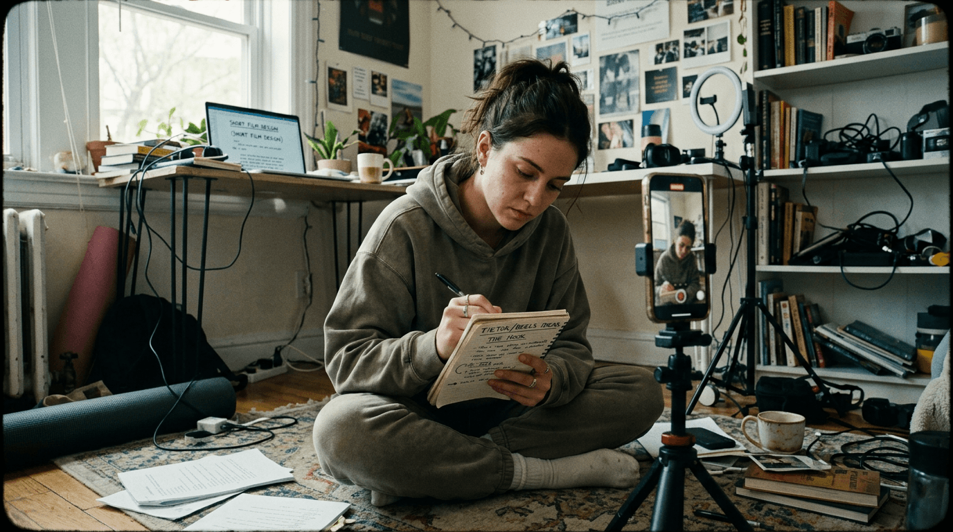 Cinematic workflow still, first angle, 35mm film grain