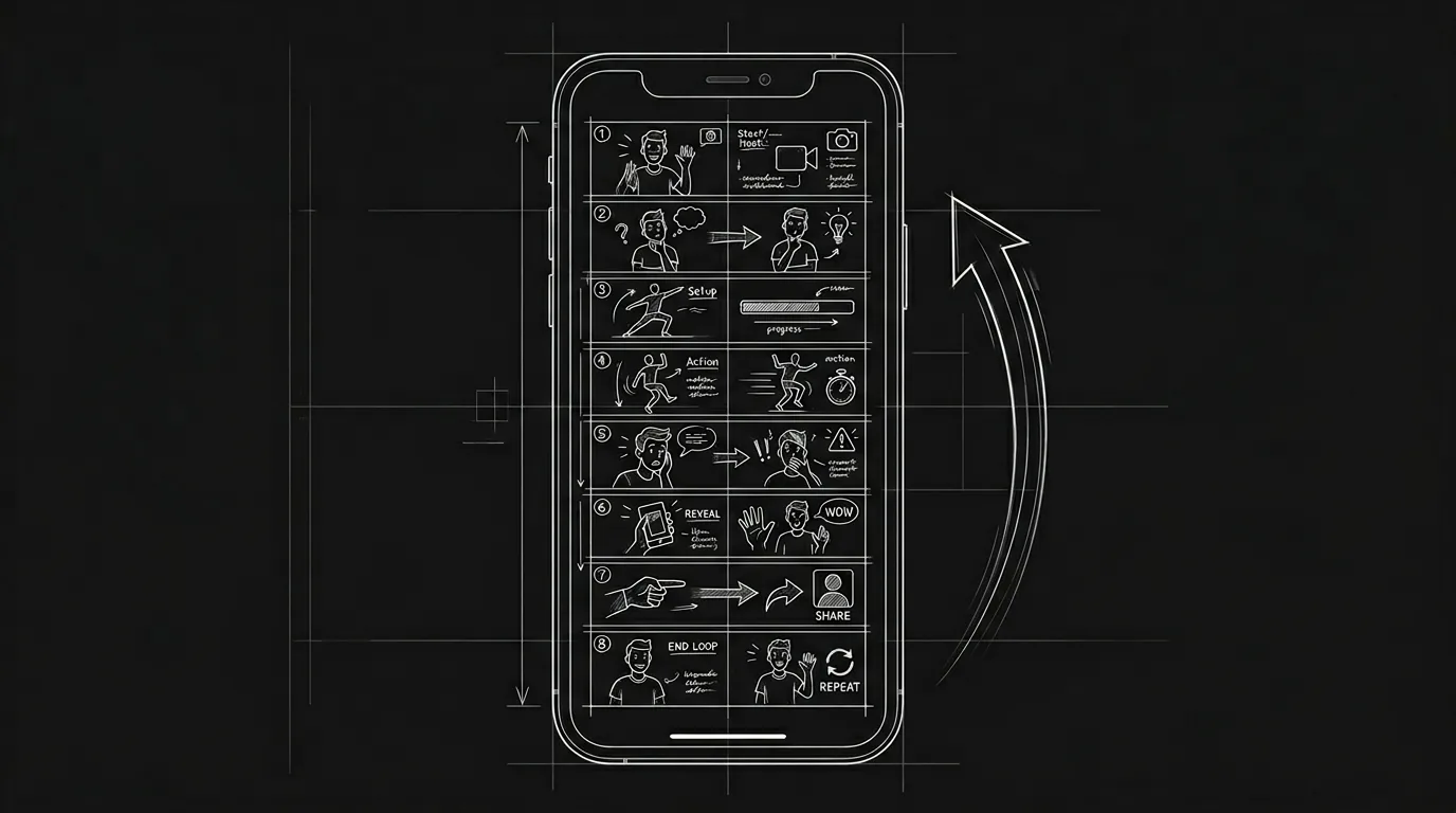Dark mode technical sketch: vertical format script for social media short; thin white lines on black