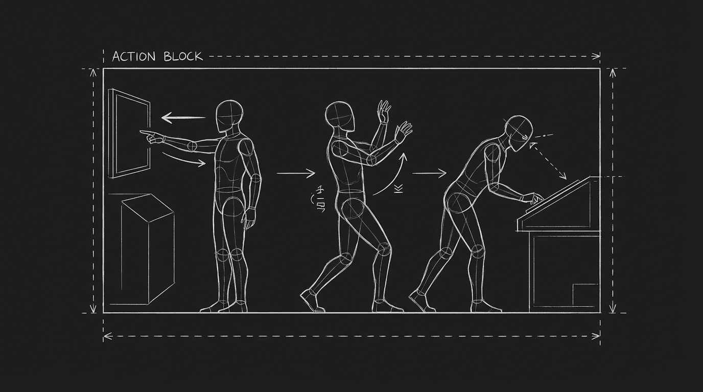 Action block: no dialogue; looks and gesture only; dark mode technical sketch
