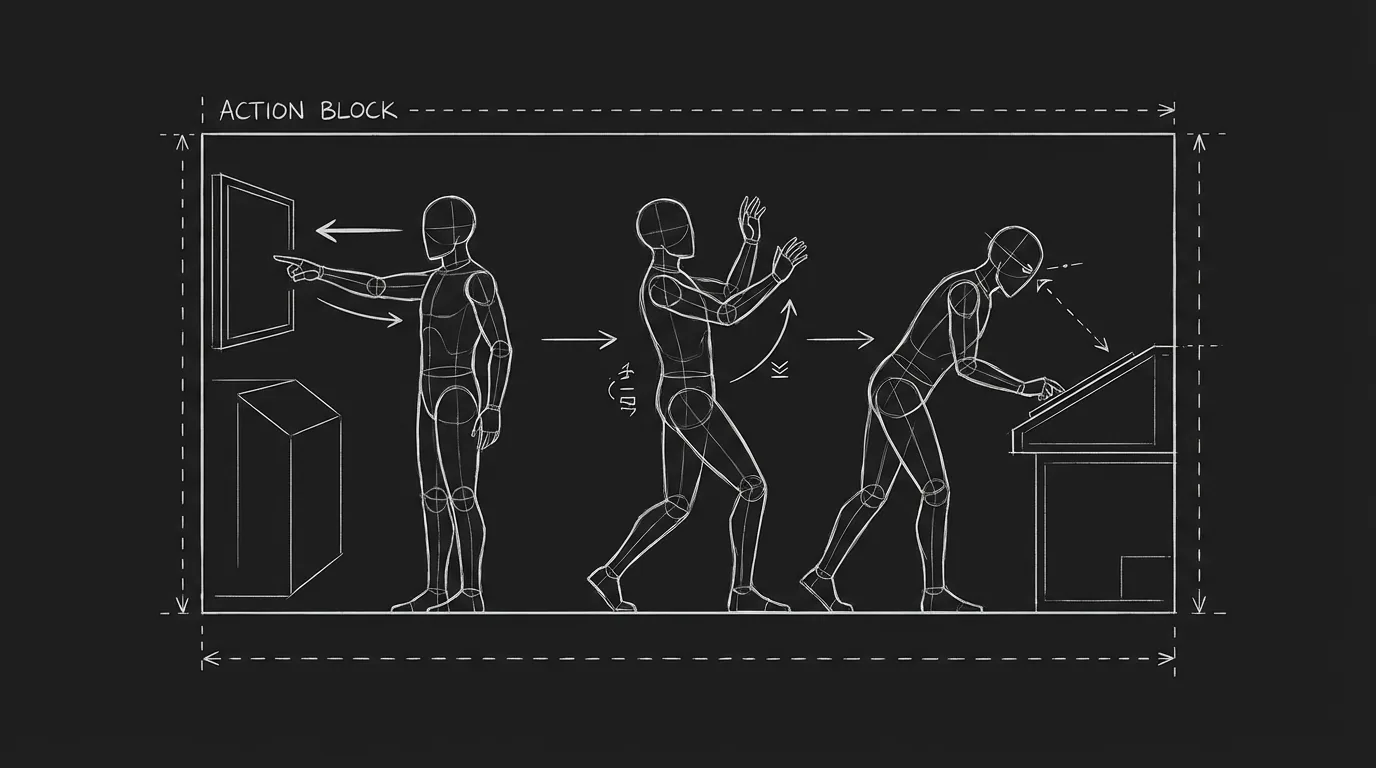Action block: no dialogue; looks and gesture only; dark mode technical sketch