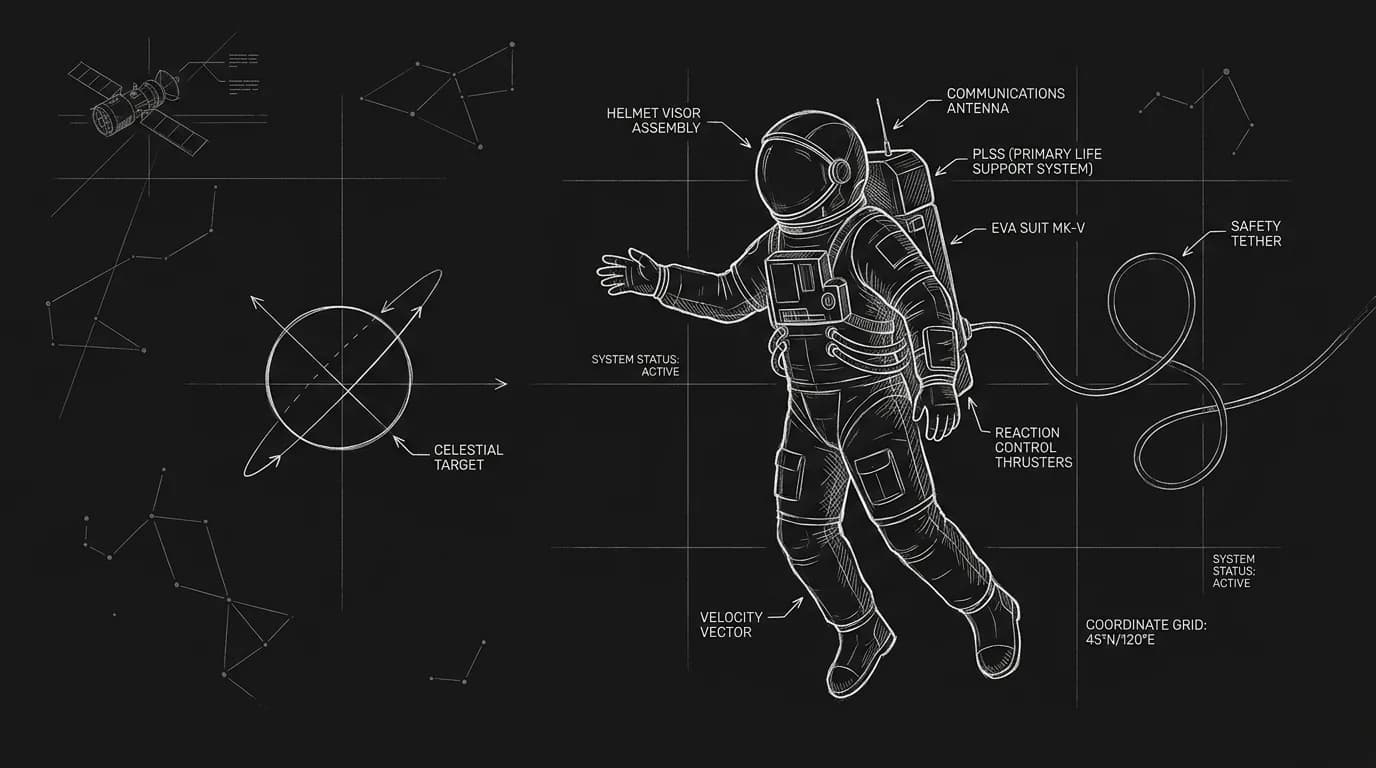 Figure in space; no dialogue; gesture and look; dark mode technical sketch