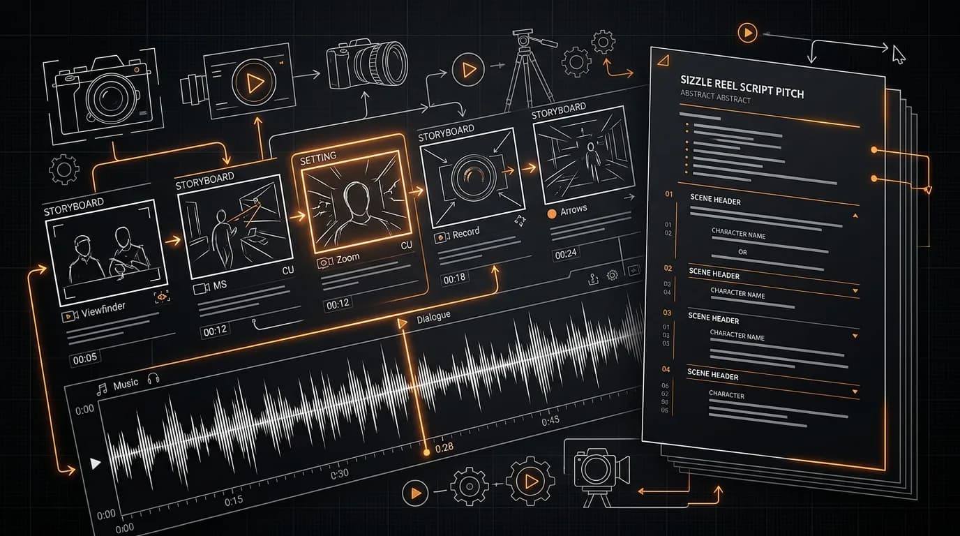 Dark mode technical sketch: sizzle reel script with visual and audio columns; thin white lines on black