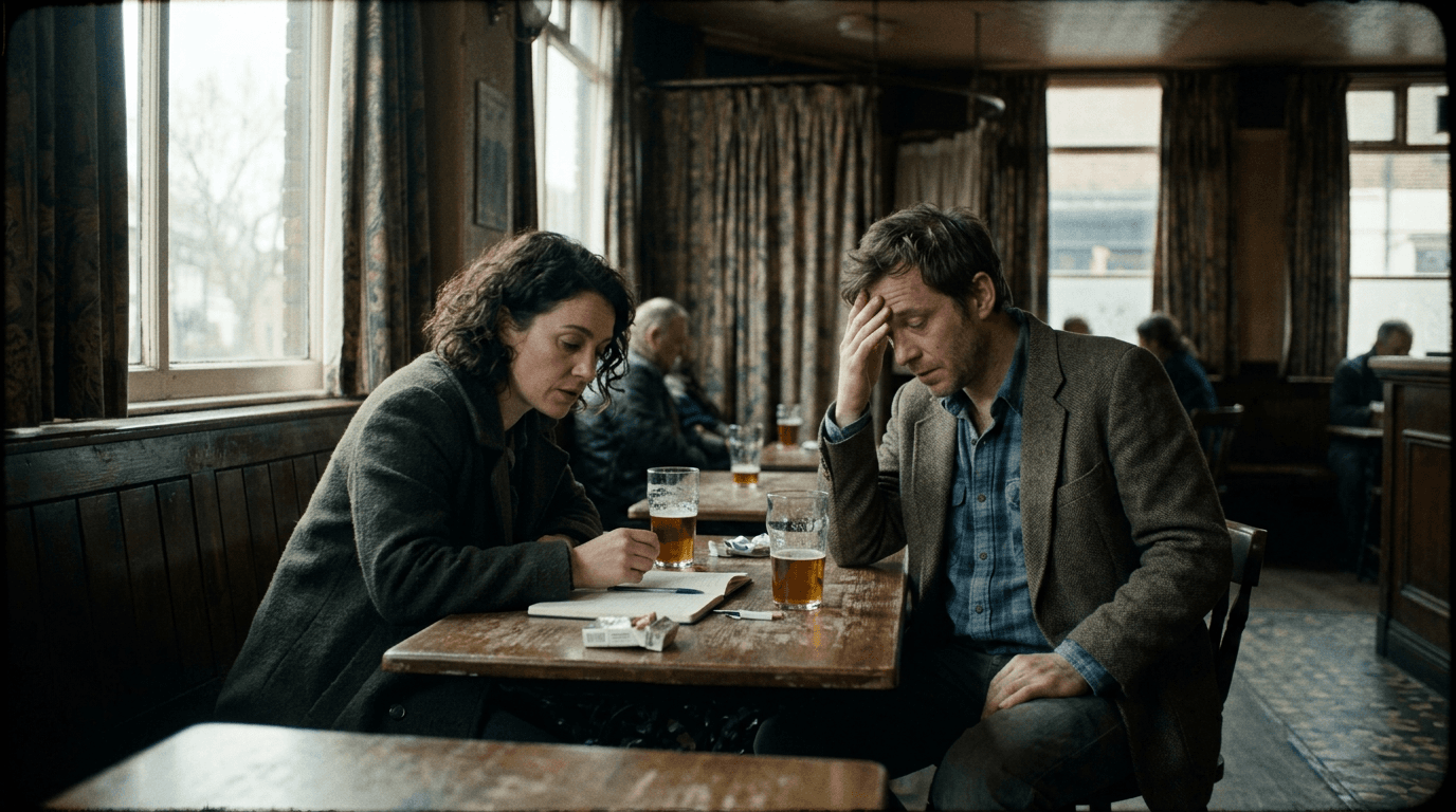 Cinematic workflow still, first angle, 35mm film grain