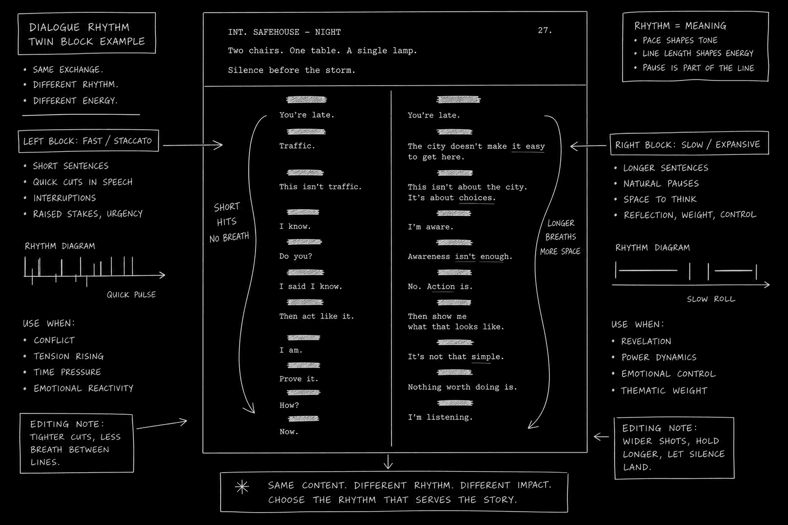 Blind read worksheet with character names redacted and twin dialogue blocks annotated; dark mode technical sketch