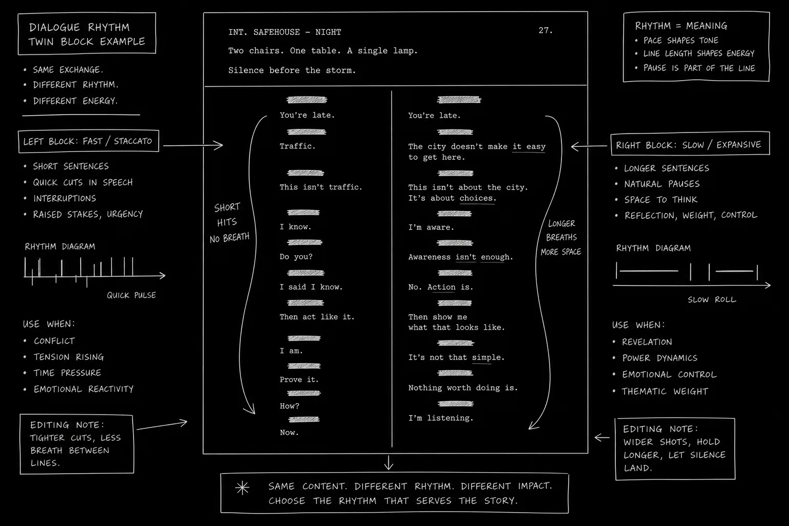Blind read worksheet with character names redacted and twin dialogue blocks annotated; dark mode technical sketch