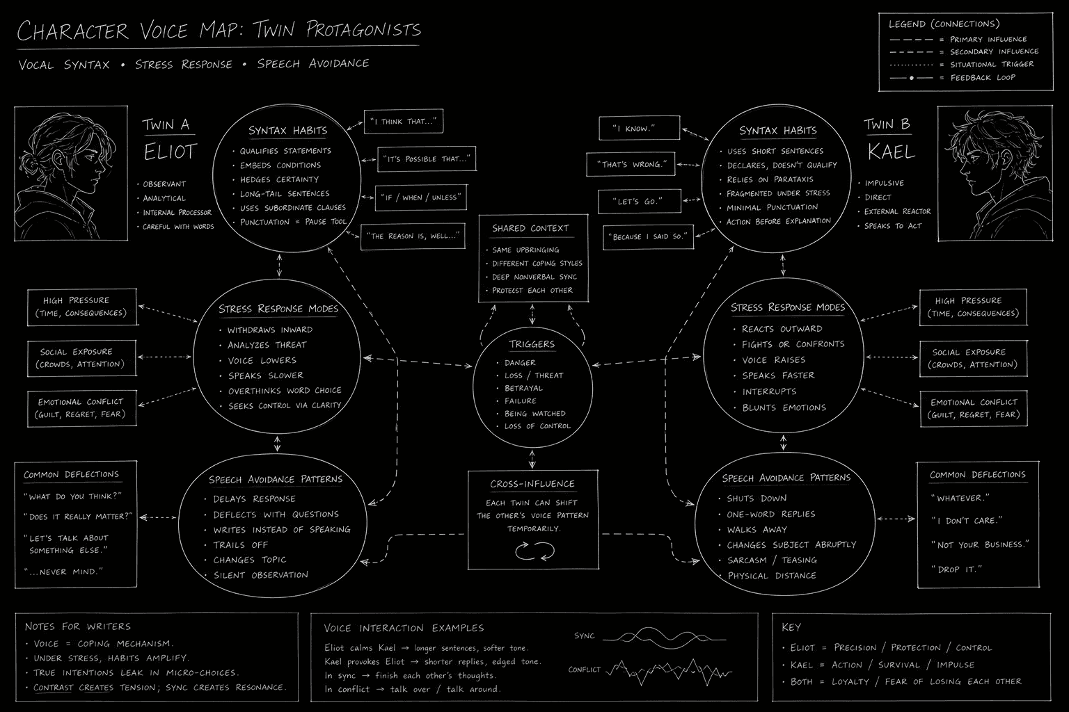 Twin character voice map with syntax habits, stress modes, and avoidance patterns connected by thin white lines; dark mode technical sketch