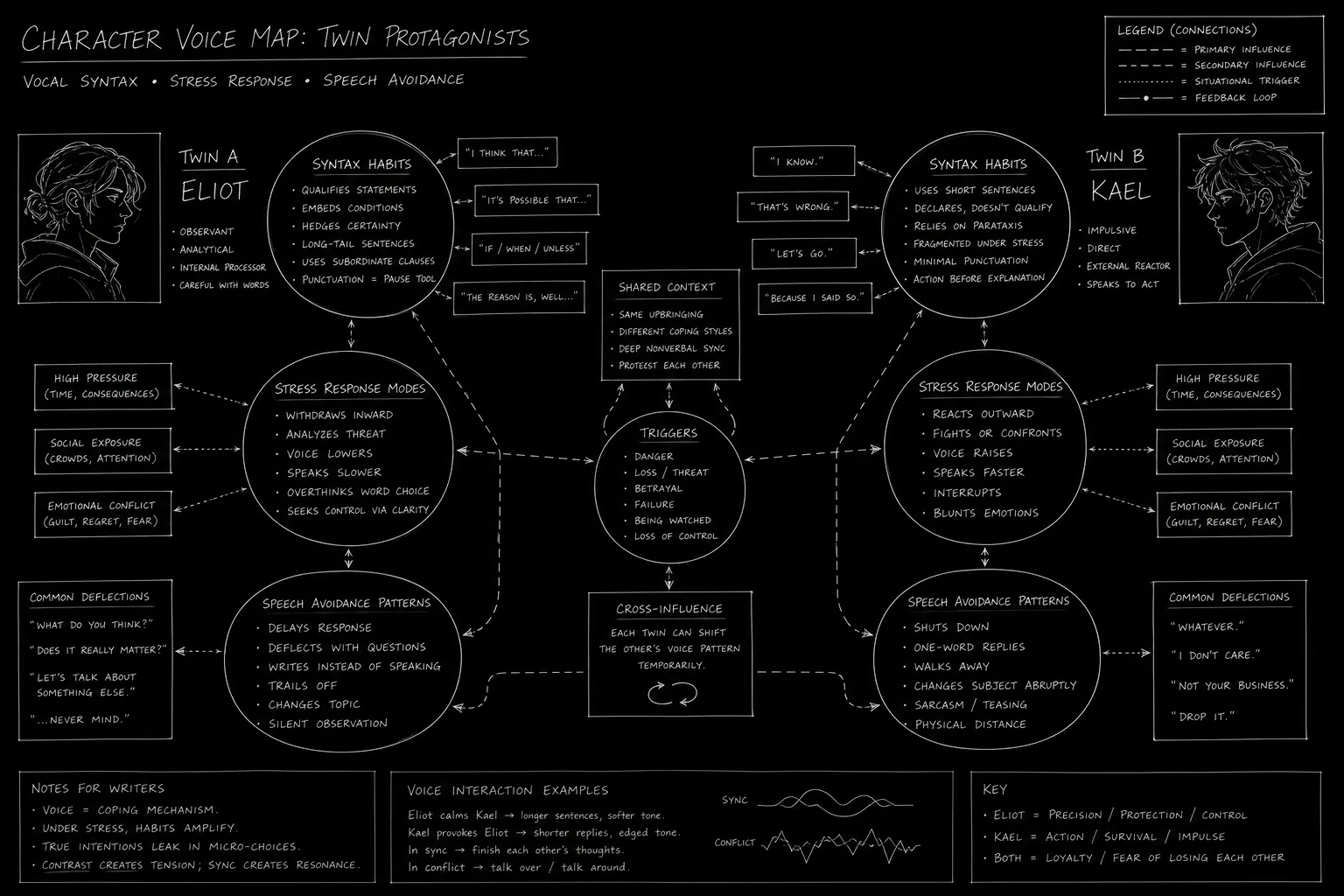 Twin character voice map with syntax habits, stress modes, and avoidance patterns connected by thin white lines; dark mode technical sketch
