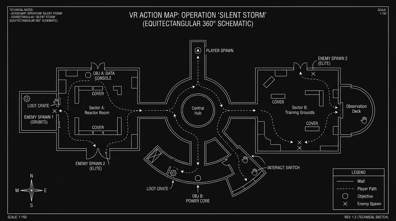 A 360-degree action map for a VR scene; dark mode technical sketch, thin white lines on black background