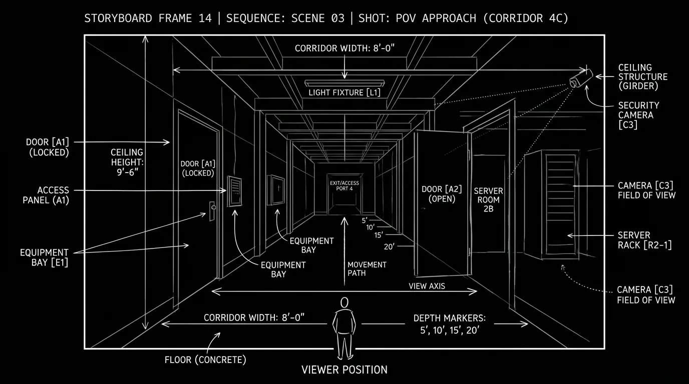 A storyboard frame showing viewer POV with spatial annotations; dark mode technical sketch, thin white lines on black background