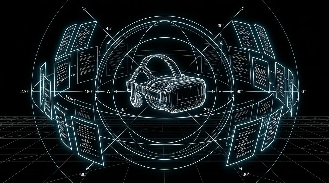 Dark mode technical sketch: VR script page showing spatial action directions; thin white lines on black