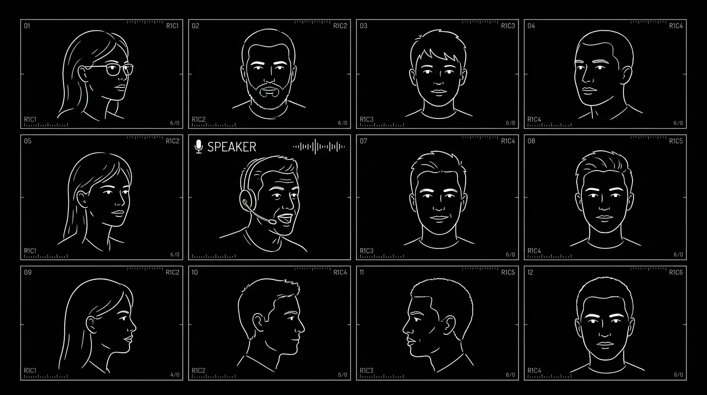 Multiple faces in grid; dark mode technical sketch
