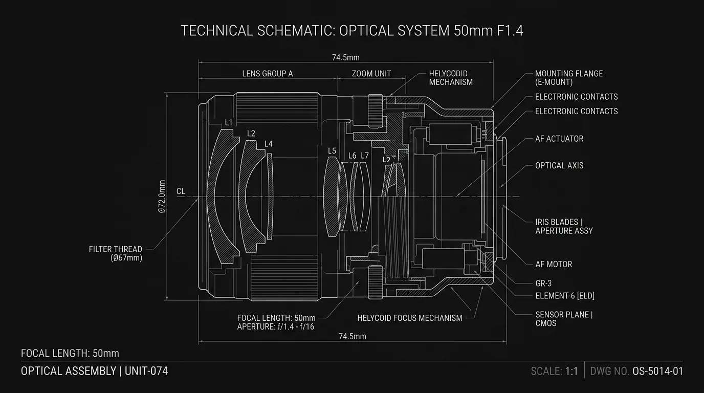 Frame: eye level, clean background; dark mode technical sketch