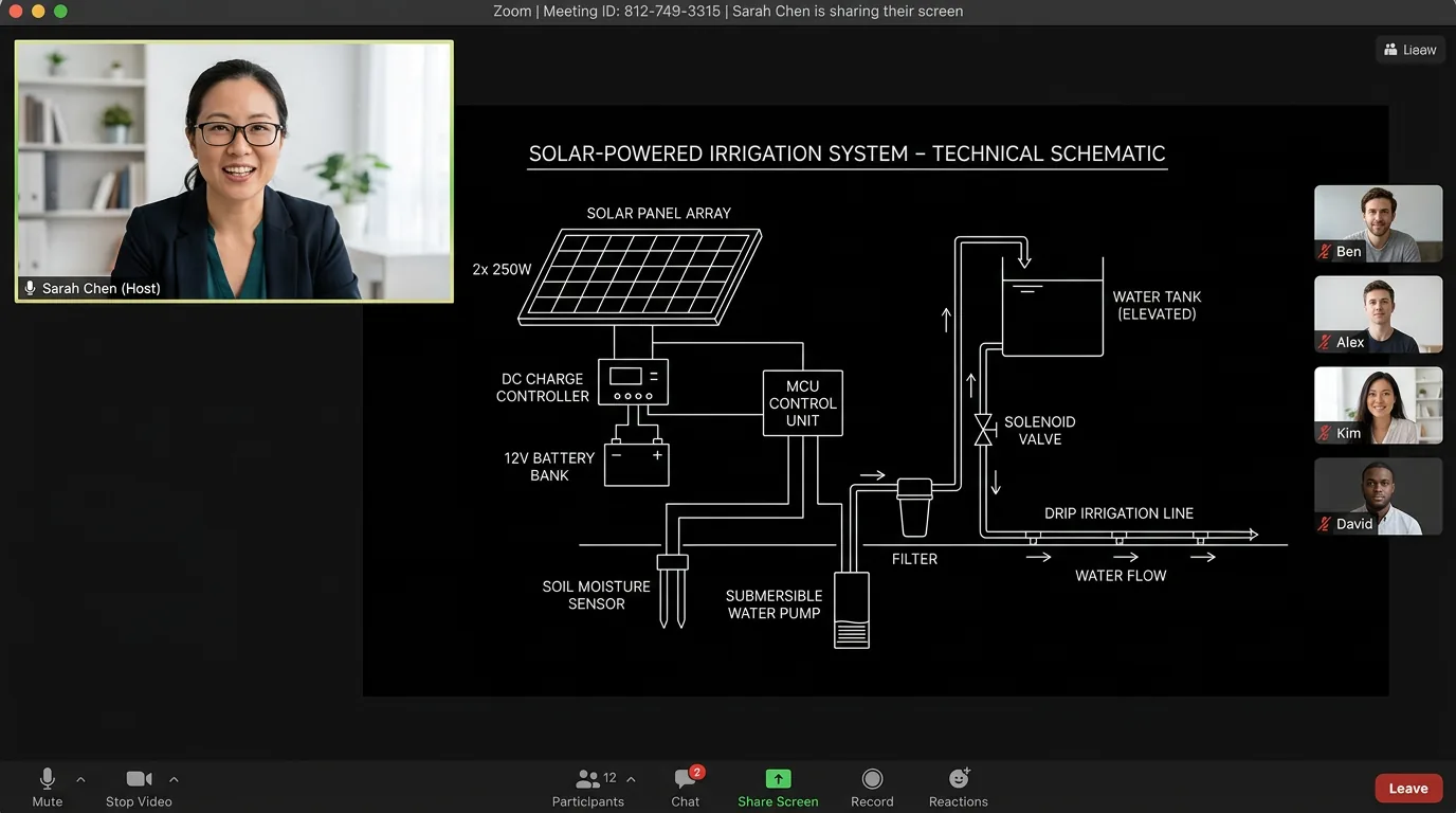 Zoom window: well-lit speaker, clean background; dark mode technical sketch