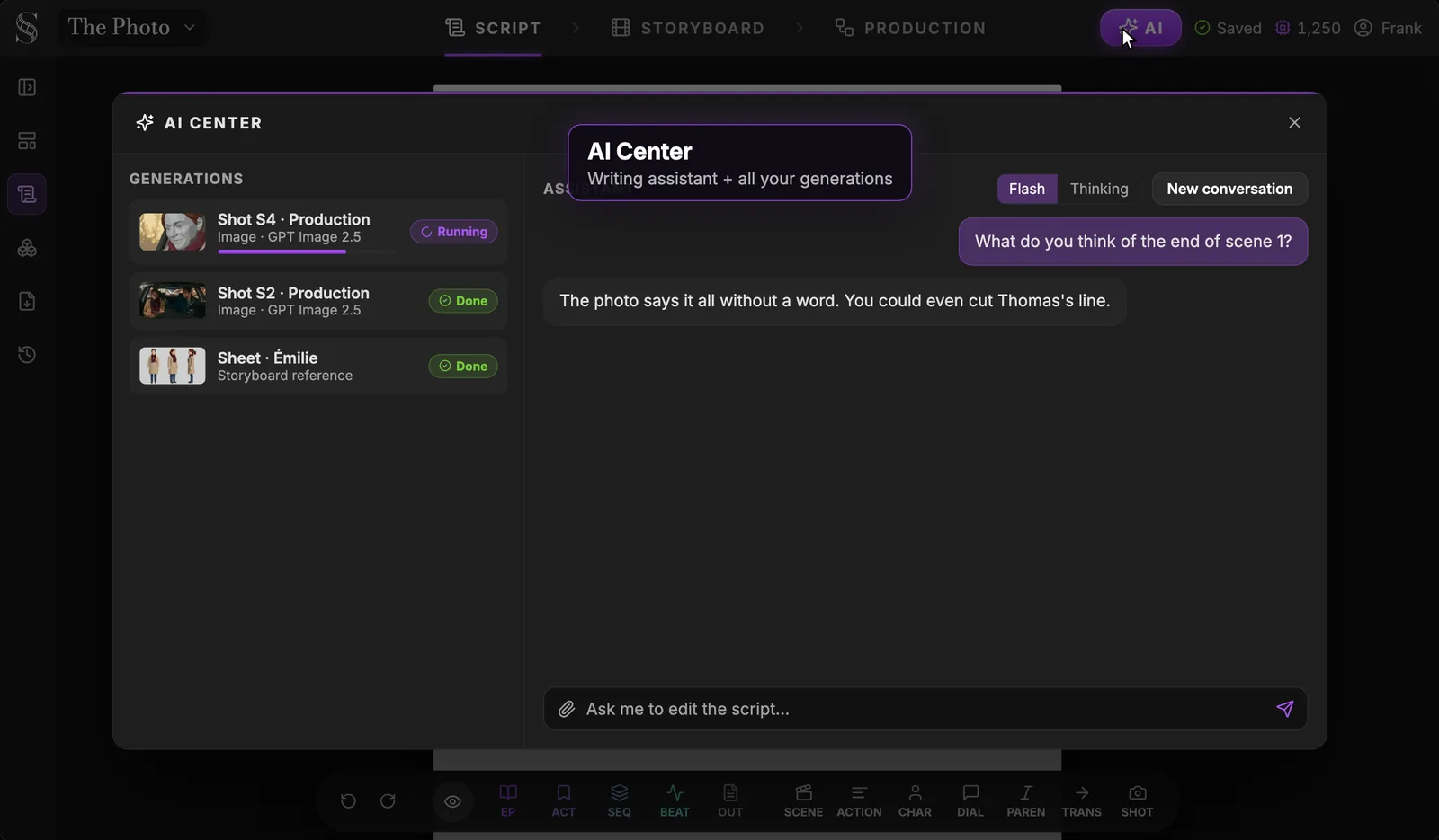 AI Center: the Generations list on the left with a shot running and two jobs done, including Émilie's sheet, and the AI assistant on the right giving notes on the end of scene 1