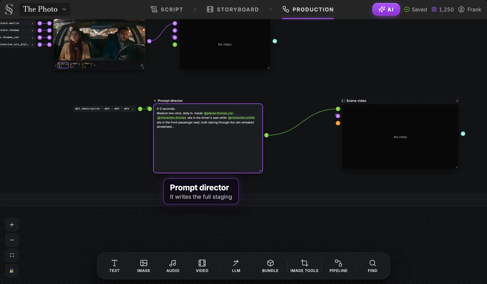 Prompt director node with its written staging: "0-5 seconds: Medium two-shot, dolly in. Inside @places.thomas_car, @characters.thomas sits in the driver's seat while @characters.emilie sits in the front passenger seat"