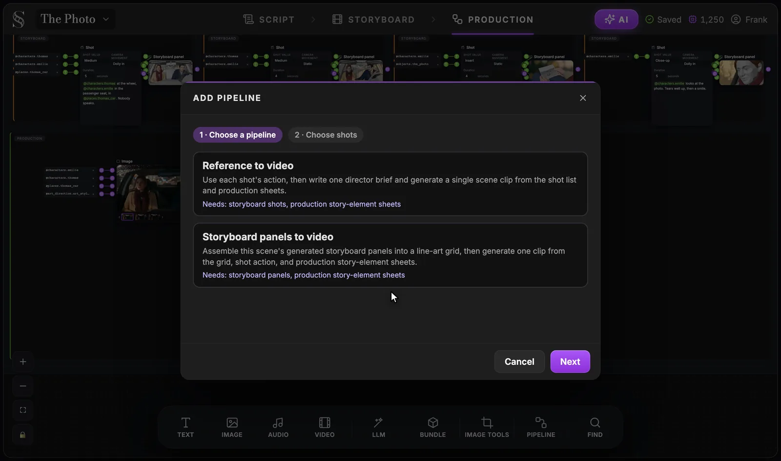 Add pipeline window, step 1 Choose a pipeline: two cards, Reference to video and Storyboard panels to video, each with a short description and a Needs line, with Cancel and Next buttons