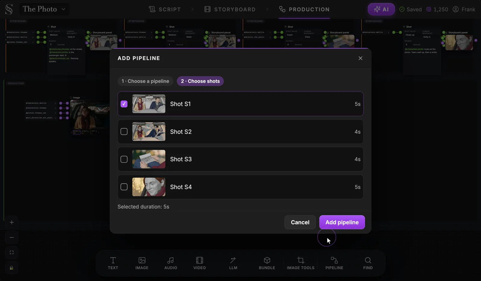Add pipeline window, step 2 Choose shots: Shot S1 to Shot S4 with storyboard thumbnails and durations 5s, 4s, 4s, 5s, only S1 ticked, Selected duration 5s, and the Add pipeline button