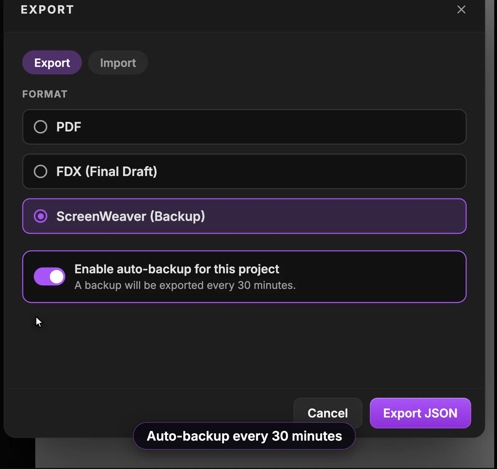 Export dialog with ScreenWeaver (Backup) selected, the Enable auto-backup for this project switch turned on, the line A backup will be exported every 30 minutes, and the Export JSON button