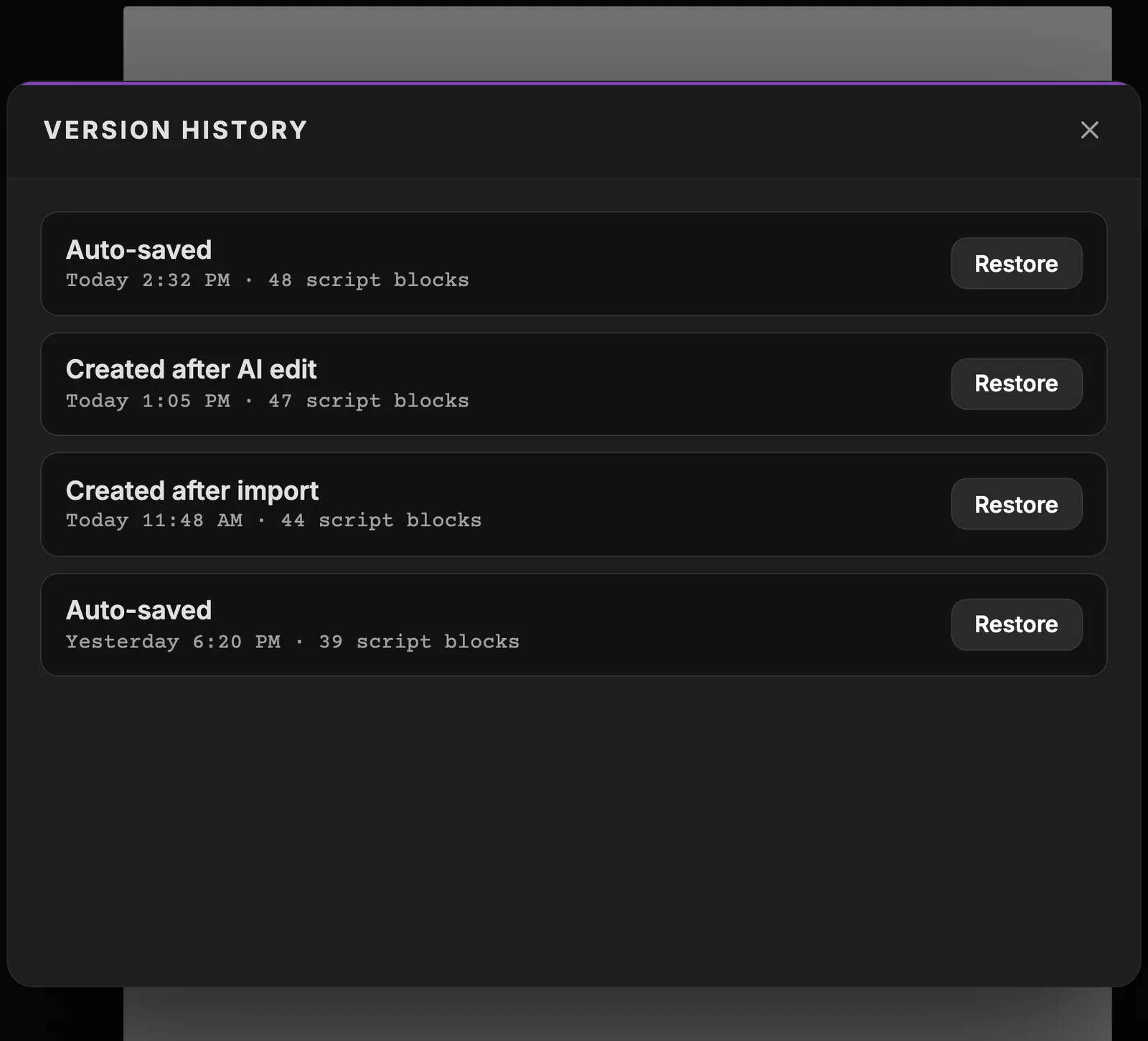 Version history dialog with four restore points, Auto-saved, Created after AI edit, Created after import and an older Auto-saved, each with its time, its number of script blocks and a Restore button