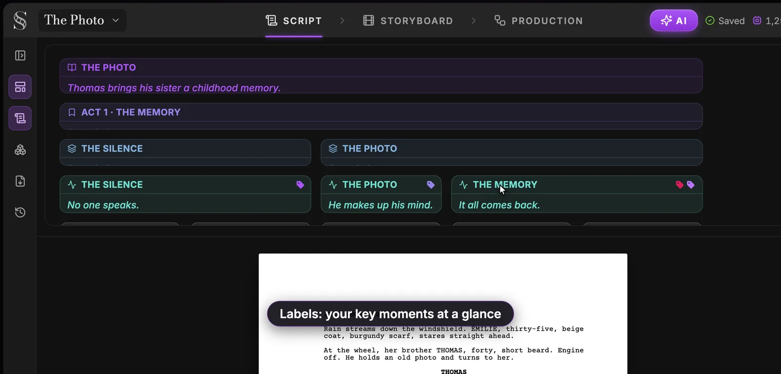 ScreenWeaver Outline view above the script: THE PHOTO card with its logline, ACT 1 THE MEMORY, two sequences and three story beats, The silence, The photo, The memory, each with colored label tags