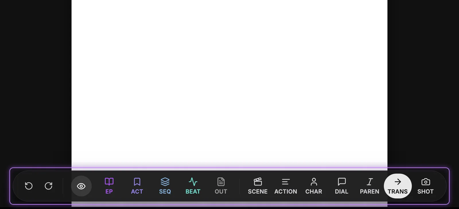 Floating script toolbar: undo and redo, outline types EP, ACT, SEQ, BEAT, OUT, then the elements SCENE, ACTION, CHAR, DIAL, PAREN, TRANS, SHOT, with TRANS highlighted after pressing Tab