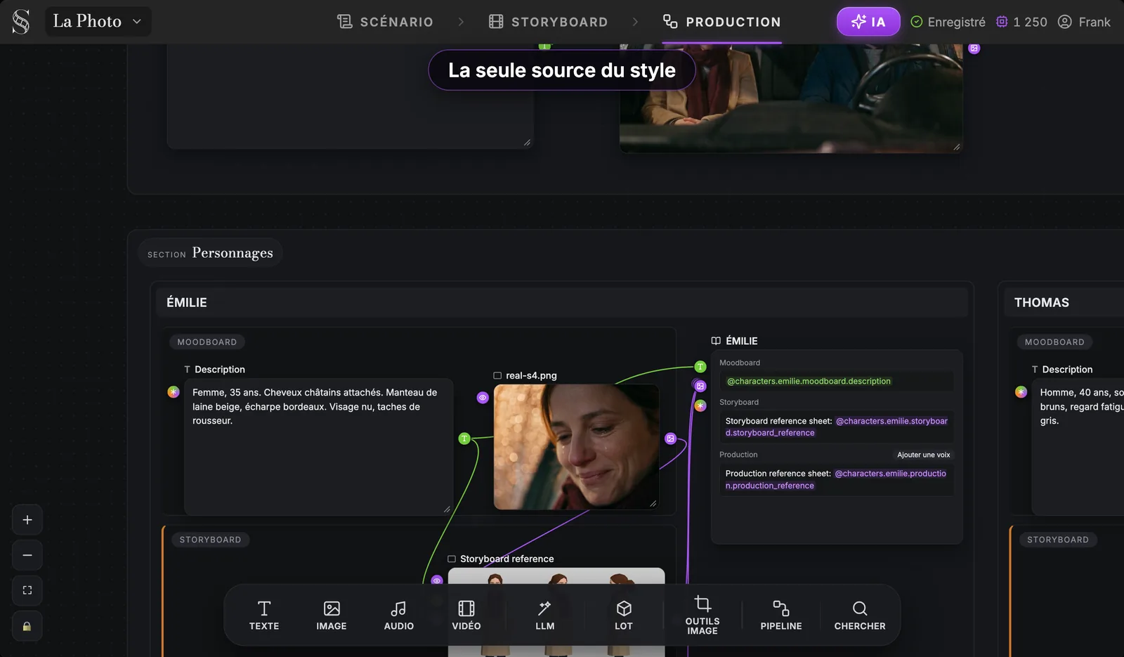 La Direction artistique de ScreenWeaver vue d'en dessous, puis la section Personnages : le groupe ÉMILIE avec sa Description, sa photo de référence et le nœud de l'élément