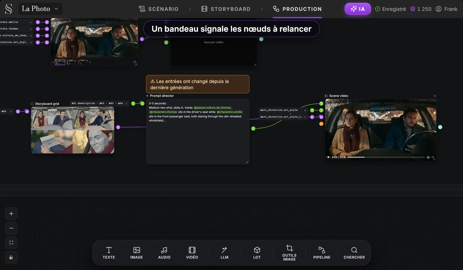 Un bandeau orange « Les entrées ont changé depuis la dernière génération » au-dessus d'un nœud Prompt director, entre un nœud Storyboard grid et un nœud Scene video