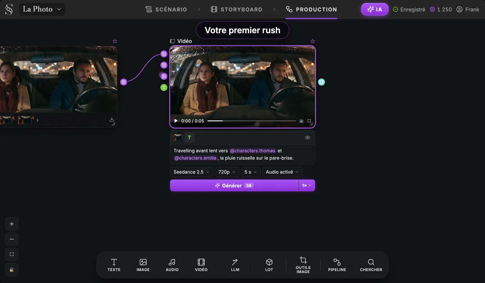 Le nœud Vidéo qui lit son premier rush de 5 secondes : Émilie et Thomas dans la voiture la nuit, la pluie sur le pare-brise, fidèles à l'image de départ branchée depuis le nœud Image