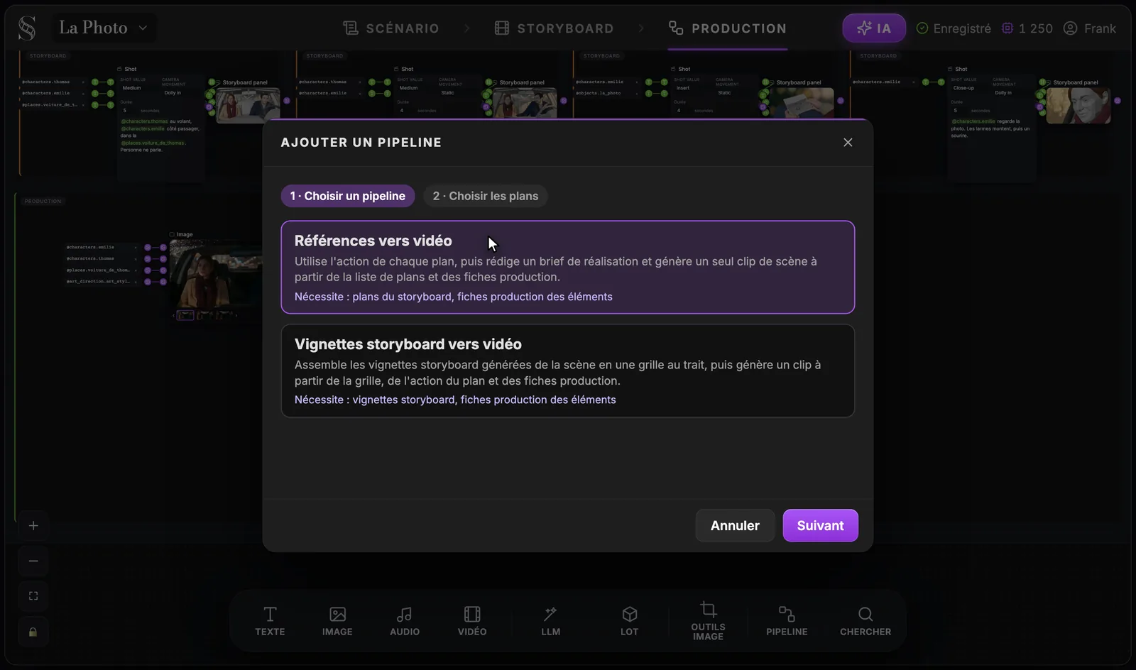 Fenêtre Ajouter un pipeline, étape 1 Choisir un pipeline : deux cartes, Références vers vidéo (sélectionnée) et Vignettes storyboard vers vidéo, chacune avec sa description et sa ligne Nécessite, boutons Annuler et Suivant
