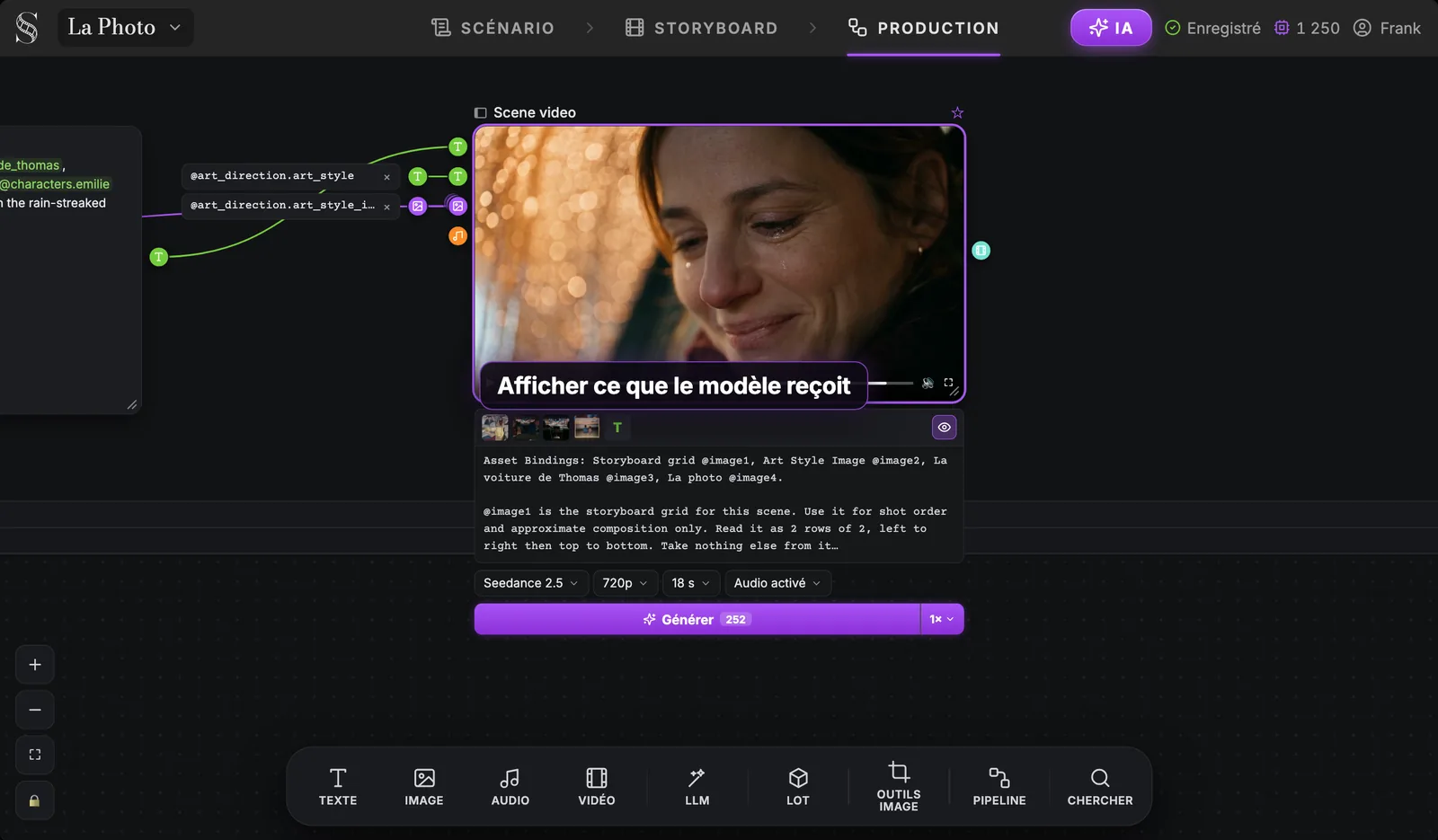 Un nœud Scene video avec « Afficher ce que le modèle reçoit » ouvert : Asset Bindings de la grille, de l'image de style, de la voiture et de la photo, puis le prompt
