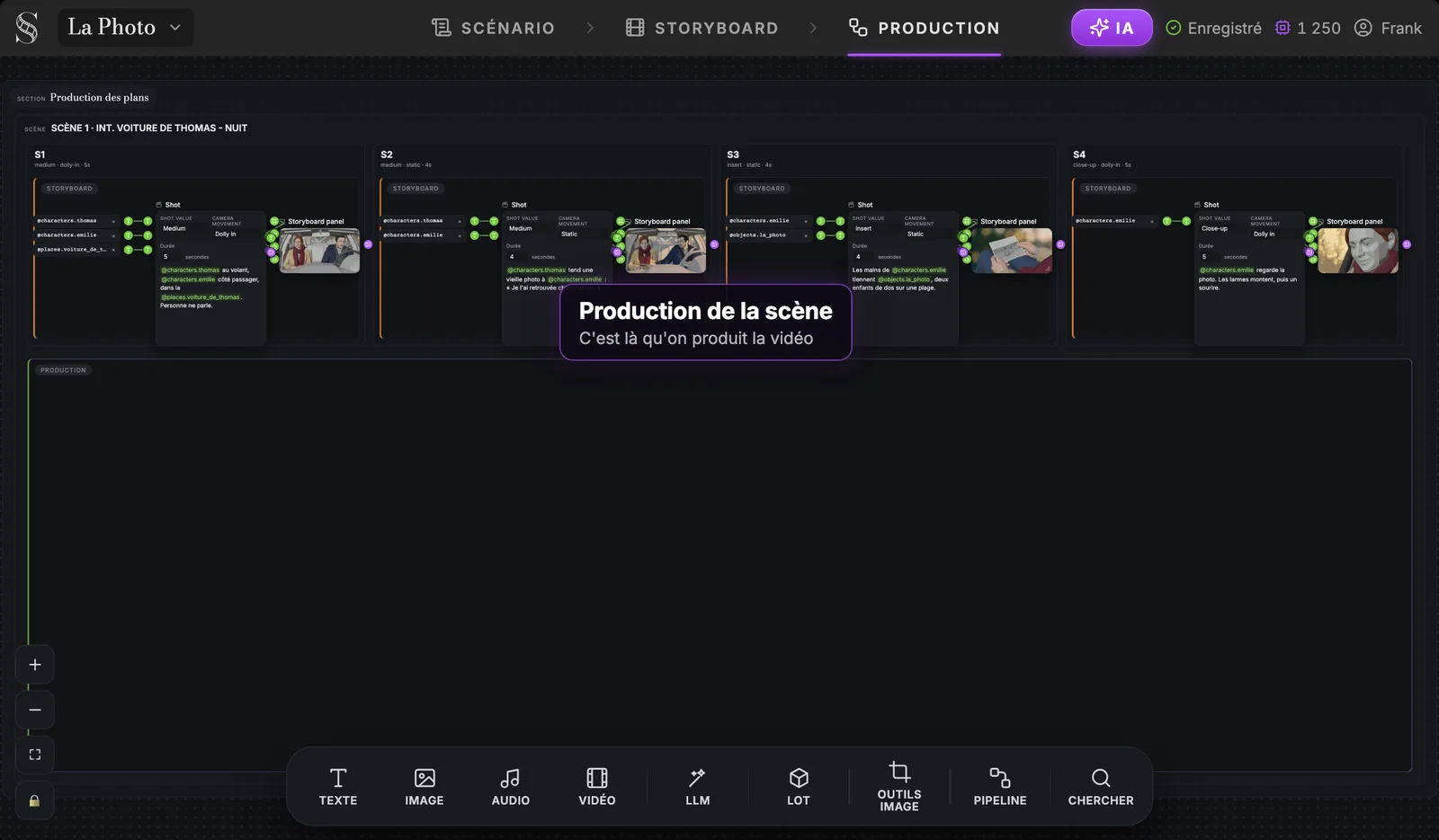 Les quatre groupes de plans S1 à S4 de la scène 1 côte à côte, chacun avec son nœud Shot et son Storyboard panel, au-dessus du grand groupe Production de la scène, encore vide