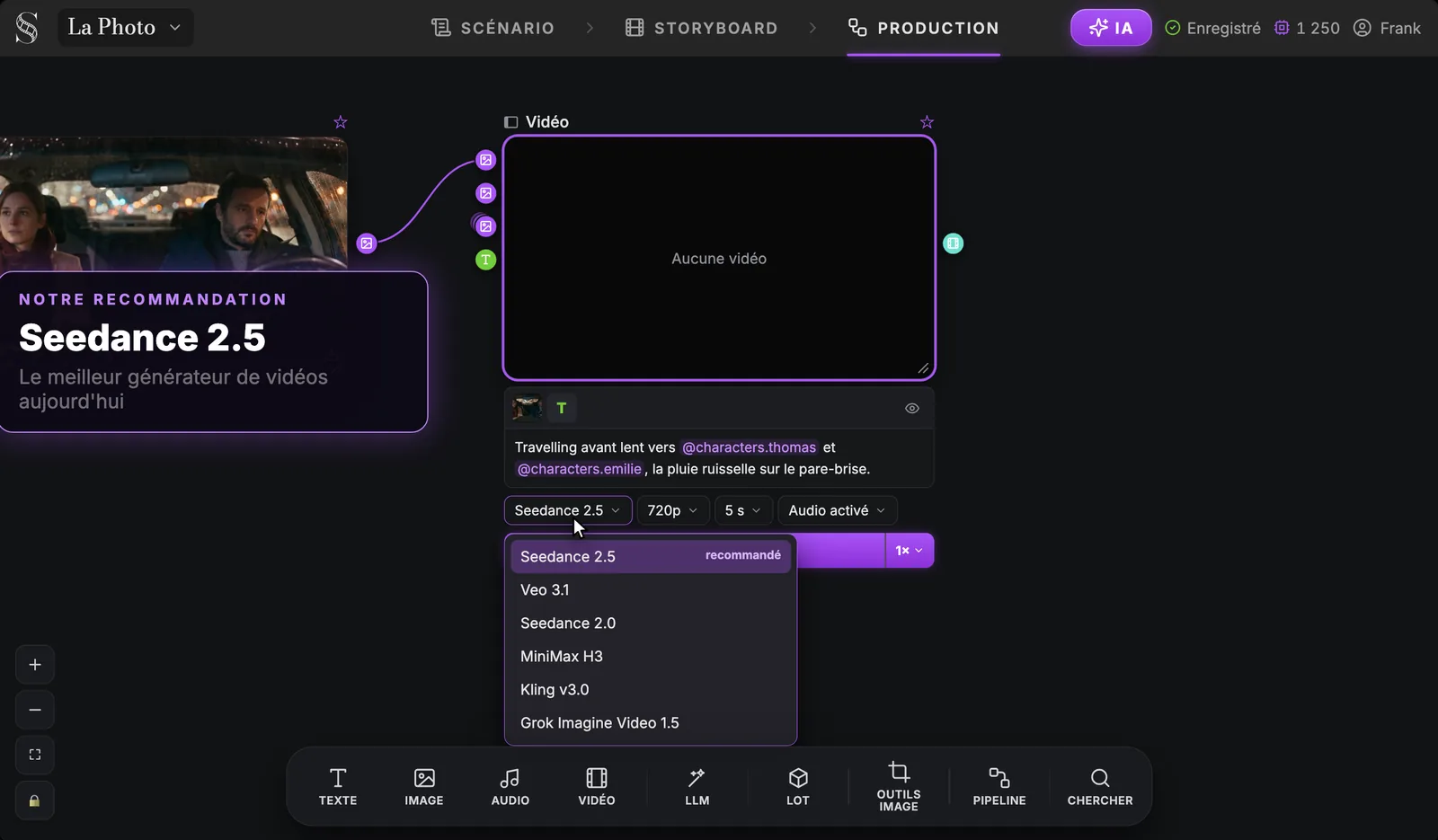 Le nœud Vidéo avec son menu de modèles ouvert : Seedance 2.5 marqué recommandé, puis Veo 3.1, Seedance 2.0, MiniMax H3, Kling v3.0 et Grok Imagine Video 1.5