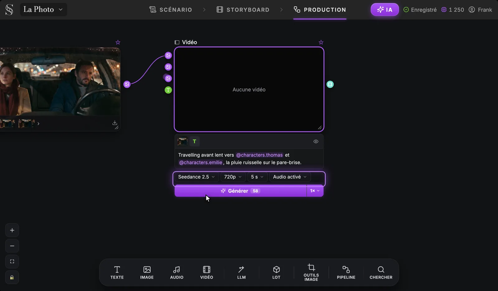 La ligne de réglages du nœud Vidéo mise en évidence : Seedance 2.5, 720p, 5 s, Audio activé, au-dessus du bouton Générer, sous un prompt de travelling avant