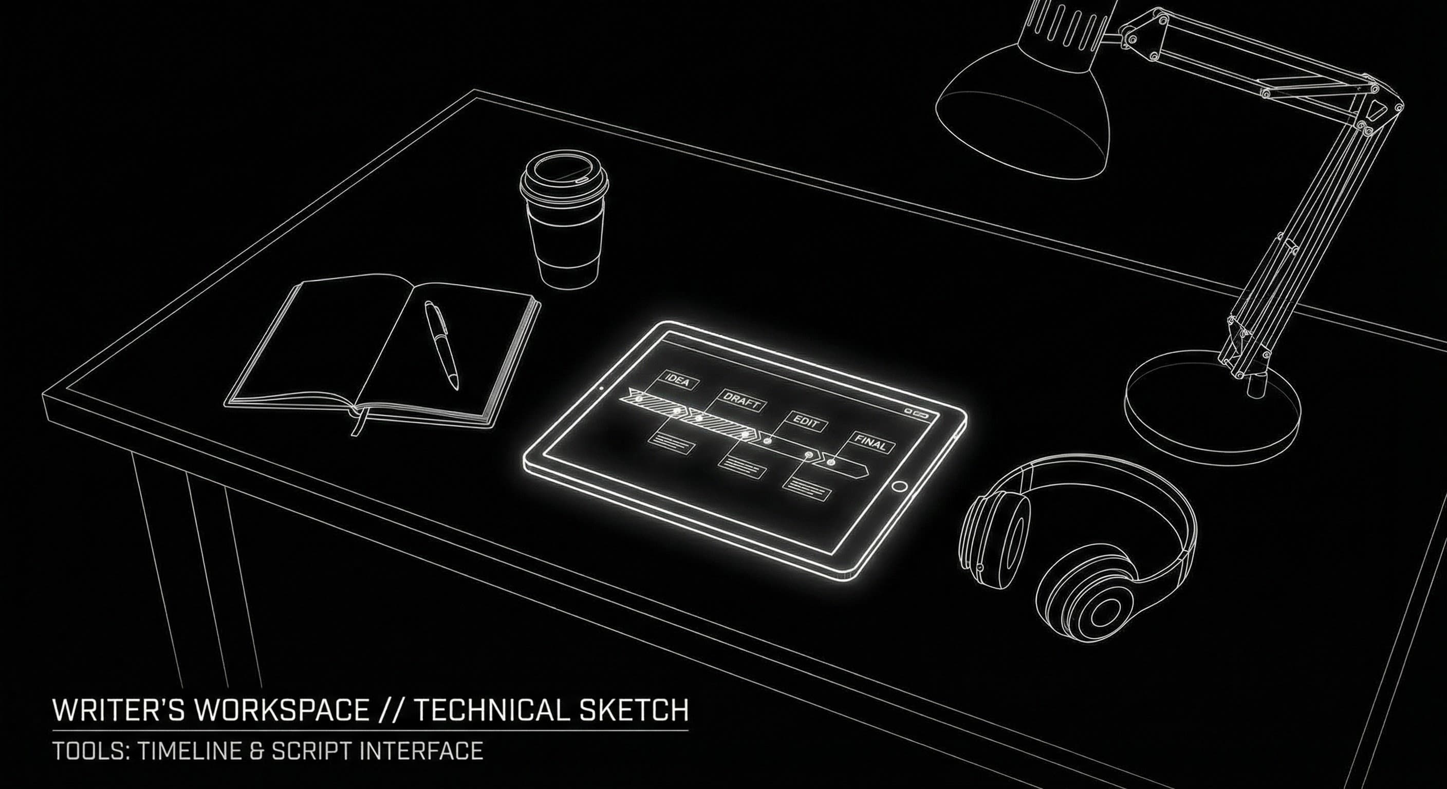 Instruments of augmentation: timeline, character list, spectator and documentalist as small icons,all feeding the writer