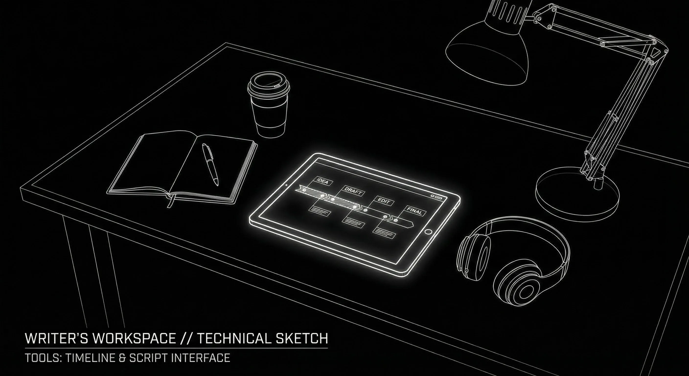 Instruments of augmentation: timeline, character list, spectator and documentalist as small icons,all feeding the writer