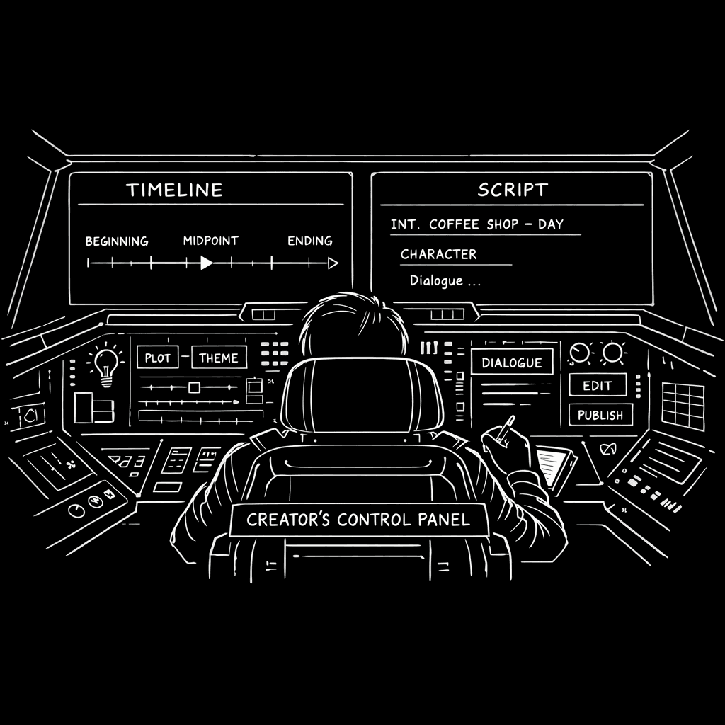 Creator's cockpit: writer at the center with timeline, structure, and script as instruments; machine as co-pilot, not pilot