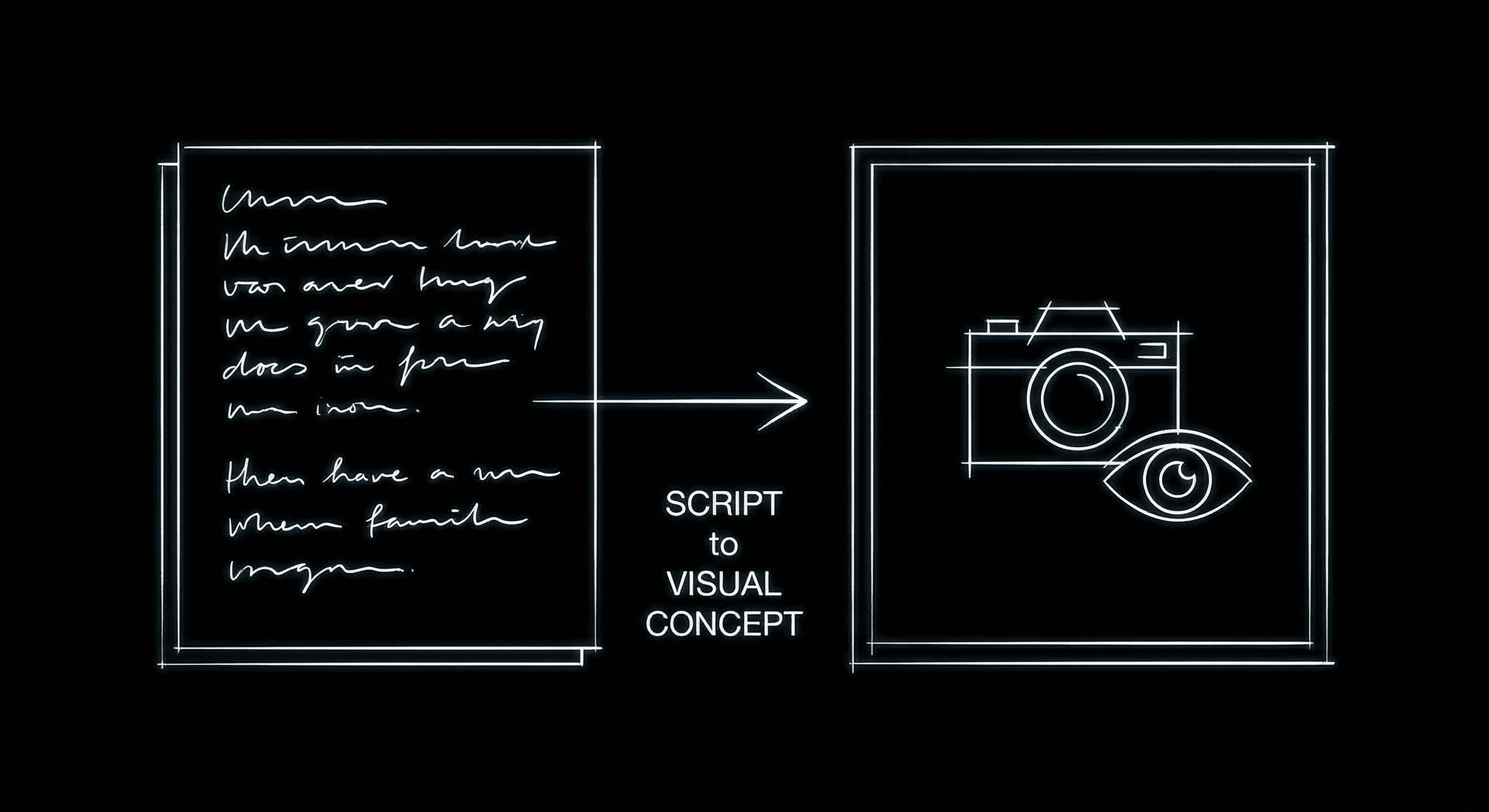Script text evolving into cinematic concept art and storyboards