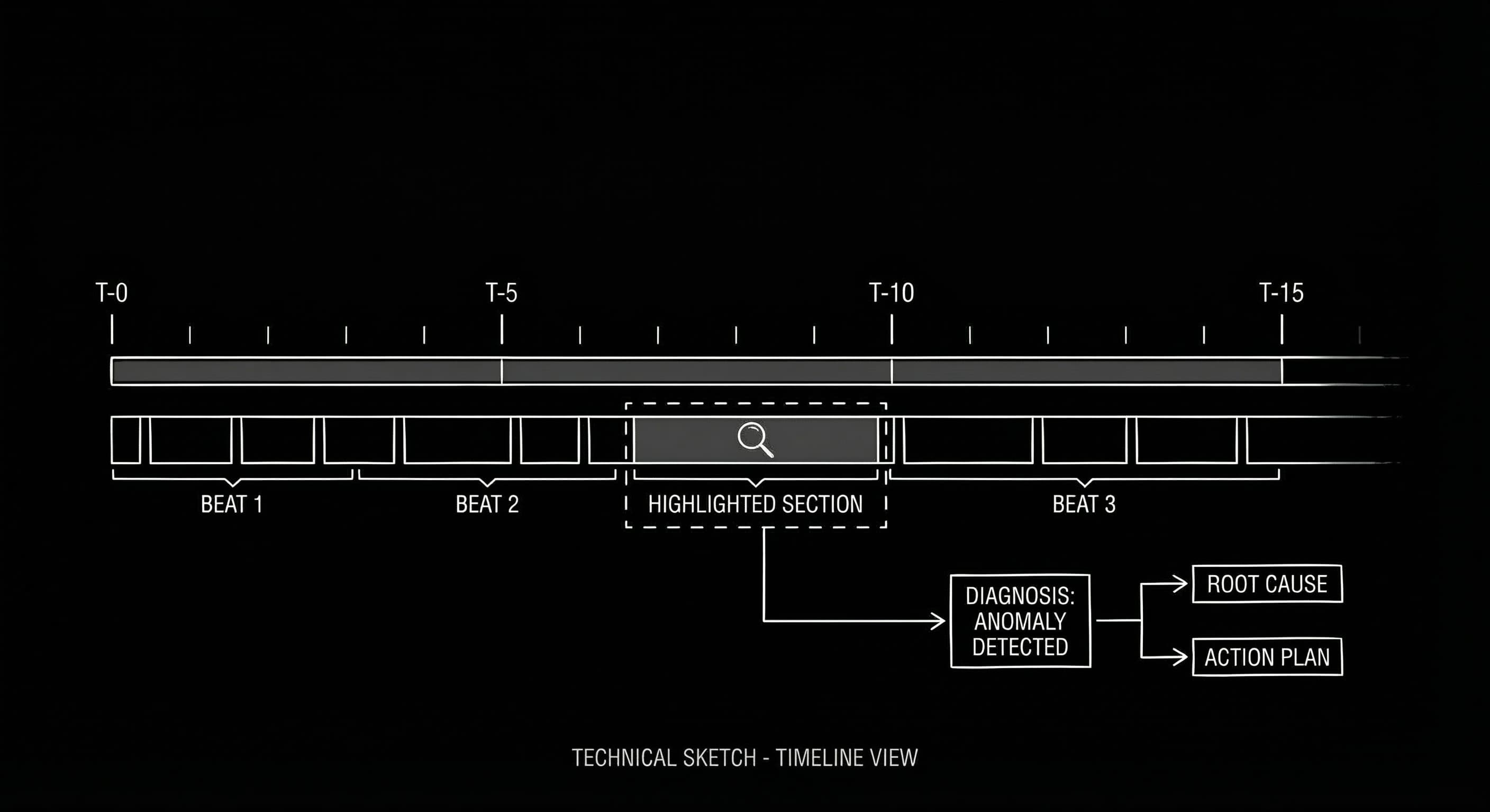 Timeline view when stuck: act lengths, sequence blocks, one block highlighted as focus for the writer