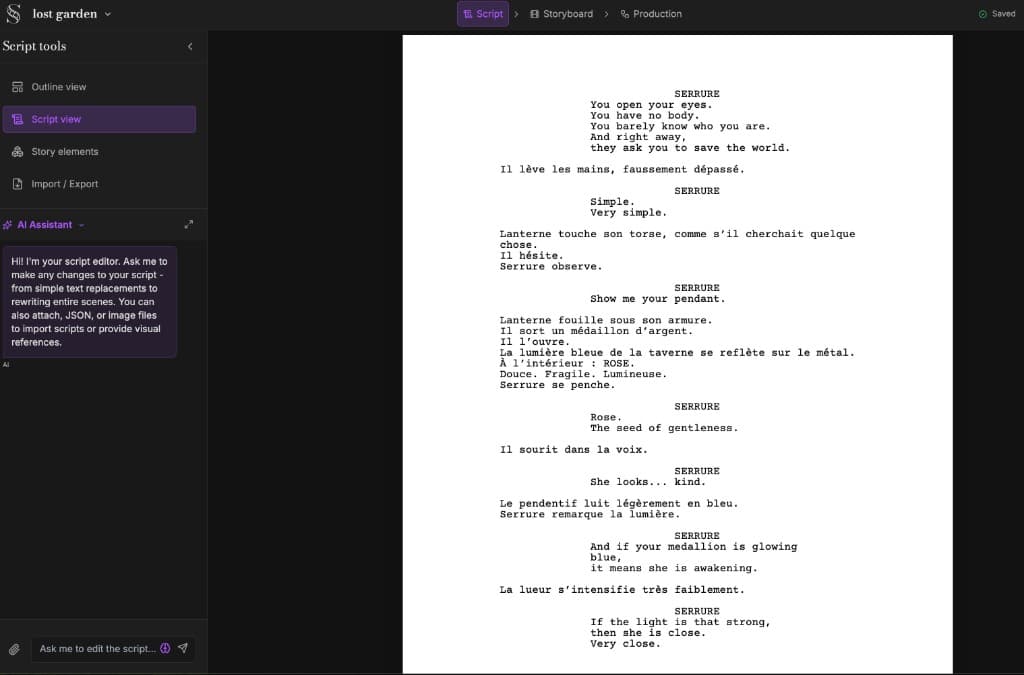 ScreenWeaver script workspace with outline tools, screenplay editor, and AI assistant