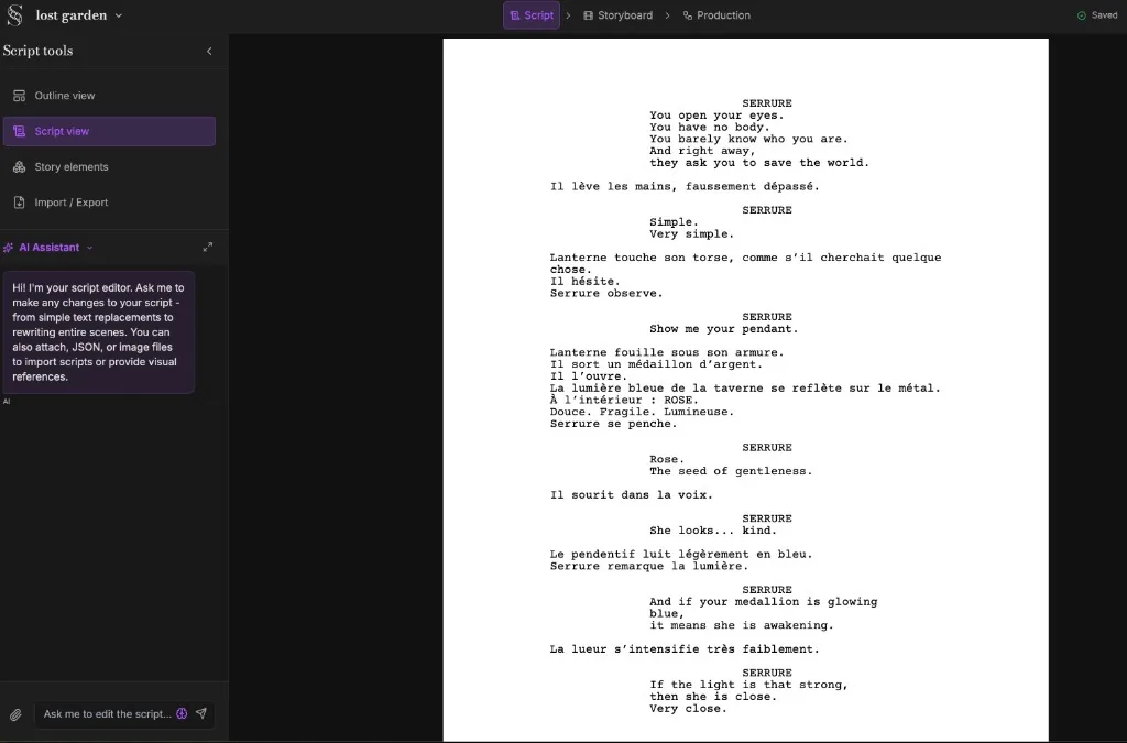 ScreenWeaver script workspace with outline tools, screenplay editor, and AI assistant