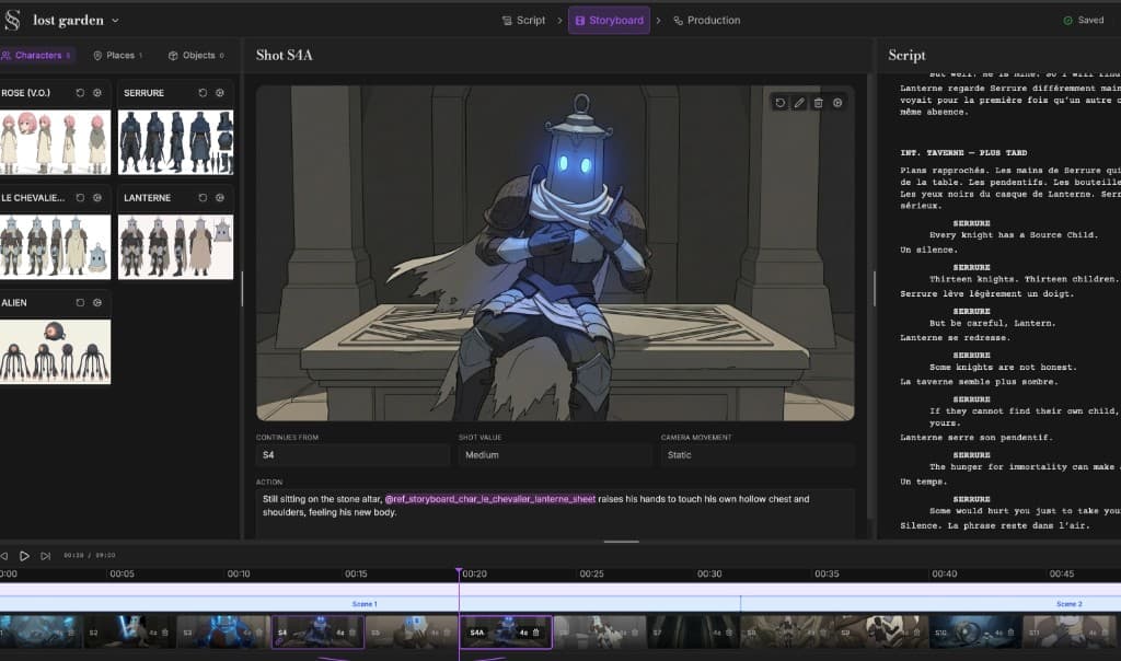 ScreenWeaver storyboard timeline with shot sequence and scene navigation