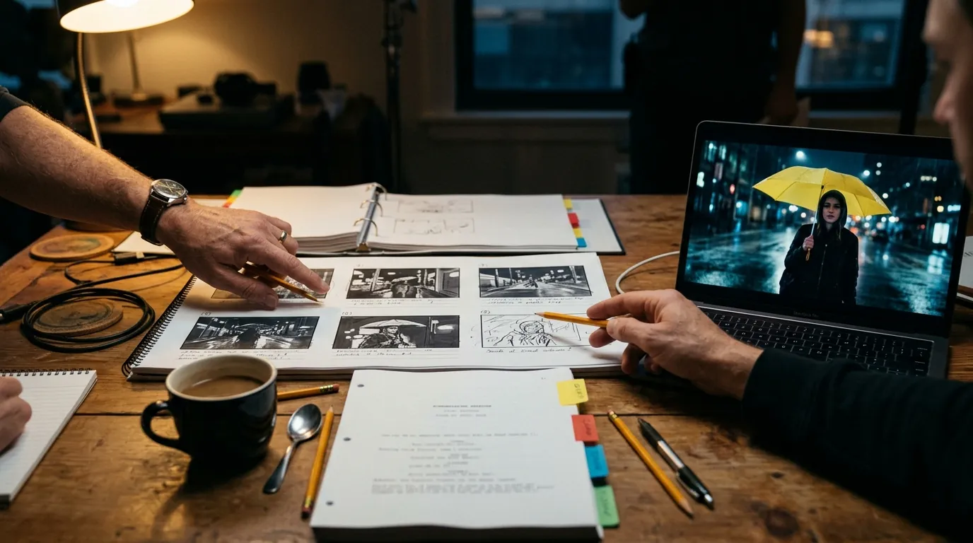 Der Planungstisch einer kleinen Filmcrew in der Abenddämmerung, bedeckt mit gedruckten Storyboard-Bildern, ein Drehbuch mit farbigen Reitern und ein Laptop, auf dem ein Clip einer Frau unter einem gelben Schirm auf einem nassen Zebrastreifen läuft, filmisches Standbild