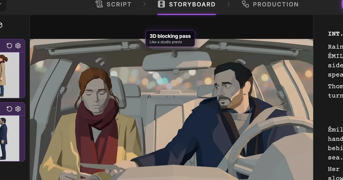 A ScreenWeaver storyboard panel rendered as a 3D blocking pass: Émilie, in a beige coat and burgundy scarf, and Thomas, in a navy coat, side by side in a parked car at night